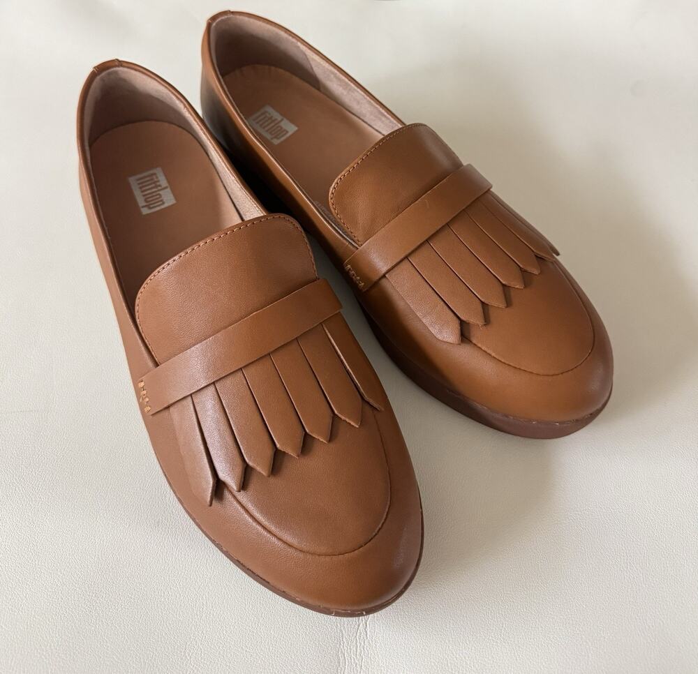 FitFlop Leather Loafer Shoes Size 8 wedge SUPERSKATE FRINGE Tan Brown NEW